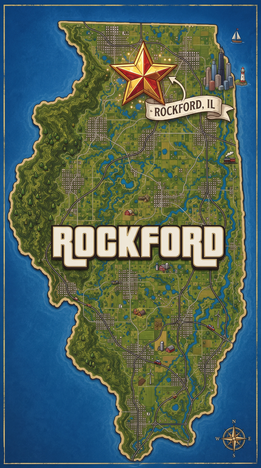 Map of Illinois with Rockford marked by a star