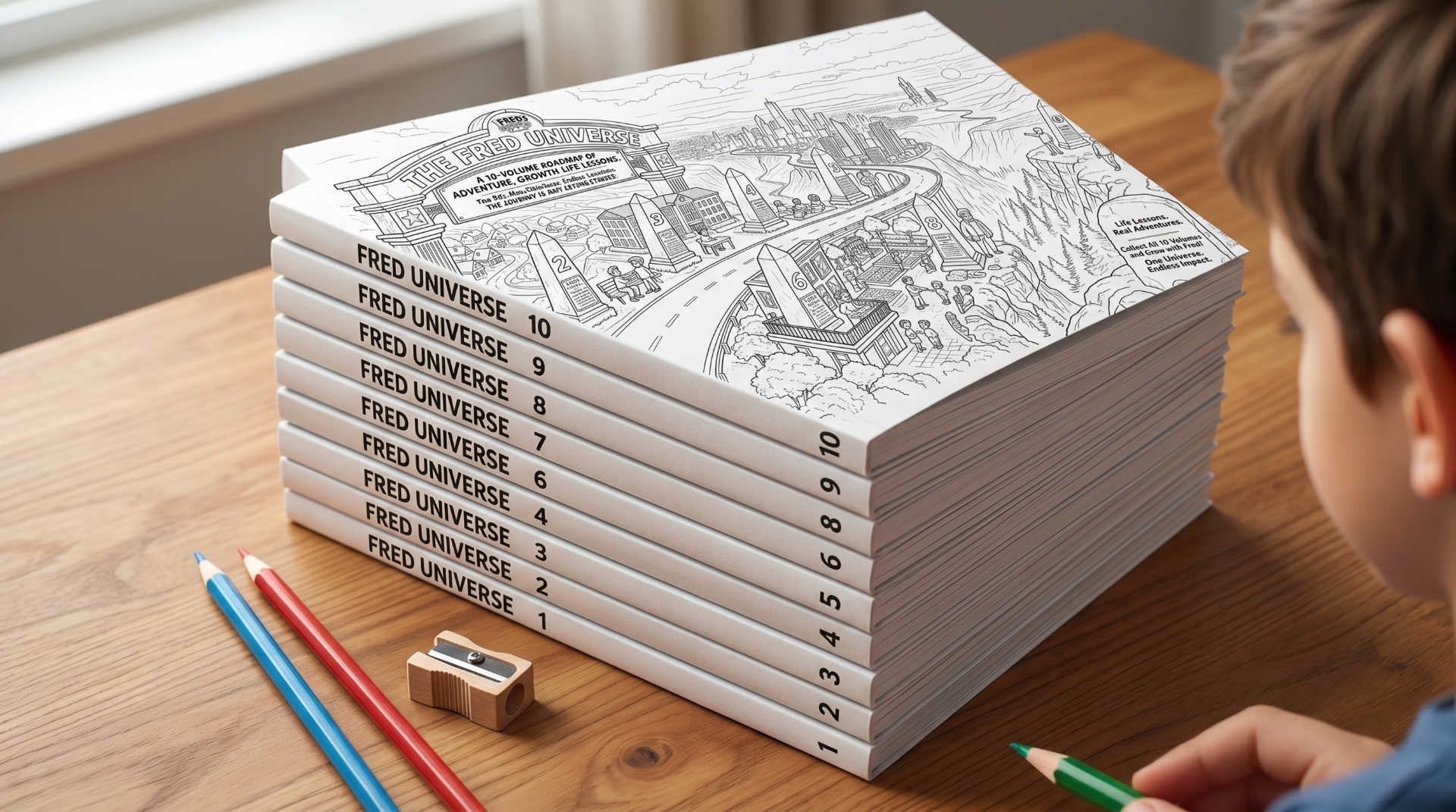 A stack of all ten Fred Universe coloring books on a wooden desk with colored pencils and a sharpener
