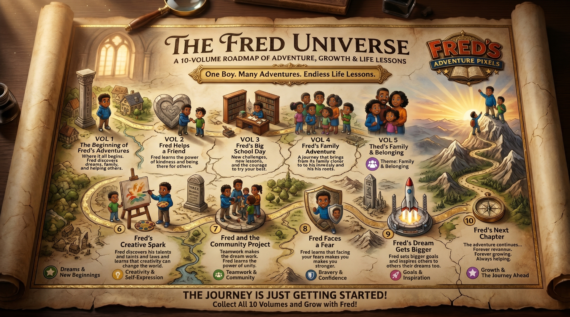 The Fred Universe — a 10-volume illustrated roadmap of adventure, growth, and life lessons